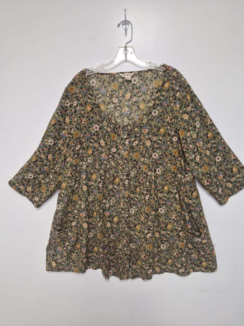 April Cornell Green Floral Babydoll Button Front Cottagecore Tiered Dress XL